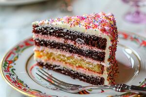 ai generiert ein Nahansicht von ein Geburtstag Kuchen Scheibe mit Schichten von bunt Glasur und ein Gabel auf das Seite. generativ ai. foto