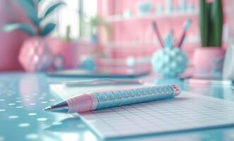 ai generiert Rosa Notizblock mit Stift 3d Illustration foto