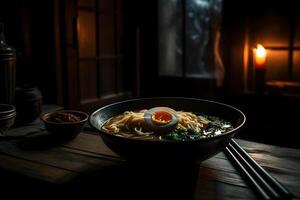 ai generiert japanisch Ramen Suppe mit Huhn, Ei, Schnittlauch und sprießen auf dunkel hölzern. neural Netzwerk ai generiert foto
