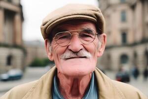ai generiert Straße Porträt von ein Alten Mann auf ein verschwommen Hintergrund von ein Straße und ein Menge von Menschen im ein europäisch Stadt. neural Netzwerk ai generiert foto