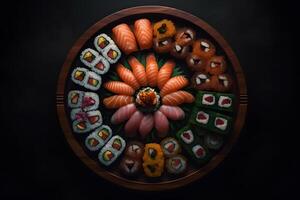 ai generiert Nahansicht Aussicht von köstlich Sushi einstellen auf Schiefer Bretter. neural Netzwerk ai generiert foto