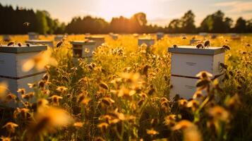 ai generiert Nesselsucht im ein Bienenhaus mit Bienen fliegend zu das Landung Bretter. Imkerei. neural Netzwerk ai generiert foto