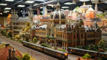 ai generiert Miniatur Eisenbahn Bahnhof. alt Stadt, Dorf foto