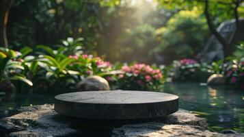 ai generiert runden Stein Podium im das Garten mit Pflanzen foto