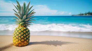 ai generiert Sommer- Hintergrund mit Ananas auf das Strand. neural Netzwerk ai generiert foto