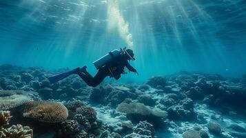 ai generiert unter Wasser Tauchen Taucher erforscht beschwingt Koralle Riff inmitten tropisch Marine Leben foto