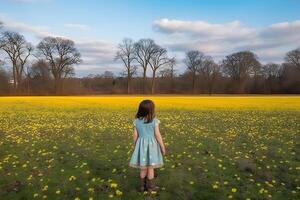 ai generiert ein jung Mädchen im ein Kleid Spaziergänge im ein Feld von Gelb Blumen. neural Netzwerk ai generiert foto