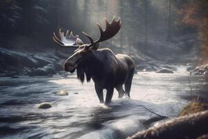 ai generiert Stier Elch während das Furche im Wyoming im Herbst. neural Netzwerk ai generiert foto