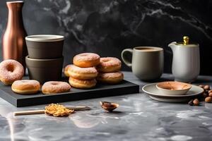 ai generiert immer noch Leben mit Kaffee und Donuts. neural Netzwerk ai generiert foto