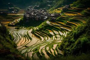 ai generiert Reis Felder auf terrassiert von mu cang Tschai, yenbai, Vietnam. Reis Felder bereiten das Ernte beim Nordwest vietnam.vietnam Landschaften. neural Netzwerk ai generiert foto