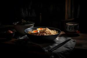 ai generiert japanisch Ramen Suppe mit Huhn, Ei, Schnittlauch und sprießen auf dunkel hölzern. neural Netzwerk ai generiert foto