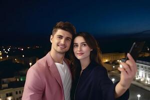 ai generiert glücklich Paar im Liebe nehmen ein Selfie gegen das Hintergrund von das Nacht Stadt. neural Netzwerk ai generiert foto