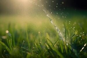 ai generiert automatisch Garten Rasen Sprinkler im Aktion Bewässerung Gras. neural Netzwerk ai generiert foto