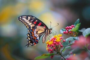 ai generiert Zeuge das zart tanzen von ein Schmetterling inmitten das verträumt verwischen von Blumen. foto