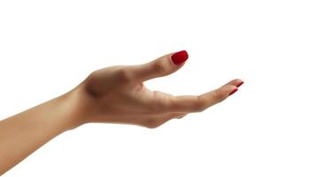 ai generiert Frau Hand mit schön Finger und rot Nagel isoliert auf Weiß Hintergrund foto