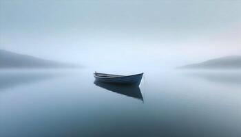 ai generiert ein Boot ist schwebend im das Wasser auf ein nebelig Tag foto