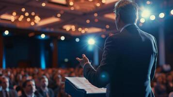 ai generiert ein Keynote Lautsprecher Teilen Einsichten und Strategien zum Geschäft Erfolg foto