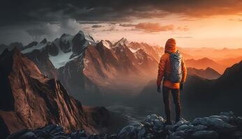 ai generiert Wanderer tragen ein Orange Jacke steht auf ein Cliff Aufpassen das Sonnenuntergang. foto