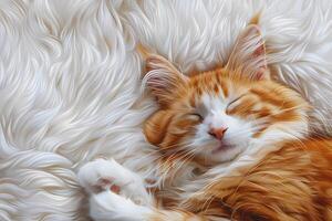 ai generiert Orange Katze schläft mit Augen geschlossen auf Weiß Pelz Hintergrund. foto