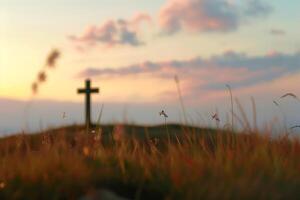 ai generiert religiös Kreuz auf das Hintergrund von ein hell Sonnenuntergang. das Konzept von Religion und Glaube. Christentum. generativ ai. foto