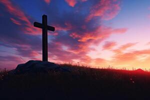 ai generiert religiös Kreuz auf das Hintergrund von ein hell Sonnenuntergang. das Konzept von Religion und Glaube. Christentum. generativ ai. foto