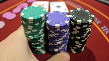 ai generiert ein Wette im ein Spiel von Chance im ein Kasino. das Hand bewegt sich das Chips zu das Center. horizontal Format. foto