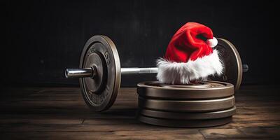 ai generiert Vater Weihnachten Hut auf ein Fitnessstudio Hantel Gewicht. Neu Jahr Auflösung und gesund Lebensstil, rot Santa foto