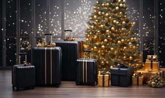 ai generiert Gold schwarz Koffer in der Nähe von Weihnachten Baum beim das Flughafen, Gepäck Weihnachten Reise Design, Baum Beleuchtung foto