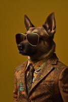 ai generiert Hund, Deutsche Schäfer, gekleidet im ein modern passen mit Jacke. Mode Porträt von ein anthropomorph foto