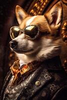 ai generiert Hund, Corgi gekleidet im ein elegant modern Blumen- Anzug. Mode Porträt von ein anthropomorph Tier, foto