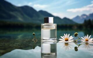 ai generiert Foto kosmetisch Parfüm Produkt auf das Wasser hinter verwischen Berg Hintergrund