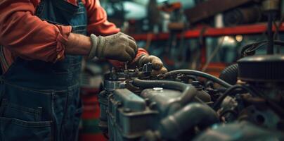 ai generiert Auto Ingenieur Feinabstimmung Vergaser von retro Muskel Auto im Jahrgang Werkstatt foto