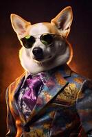 ai generiert Hund, Corgi gekleidet im ein elegant modern Blumen- Anzug. Mode Porträt von ein anthropomorph Tier, foto