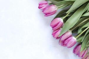 Blumen- Hintergrund mit Tulpen Blumen auf Blau abstrakt Hintergrund. eben legen, oben Sicht. schön Gruß Karte mit Tulpen zum Mütter Tag, Hochzeit oder glücklich Veranstaltung foto