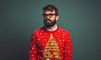 ai generiert Studio Porträt von gut aussehend glücklich bärtig Mann tragen Weihnachten hässlich Sweatshirt mit Ornament, posieren foto