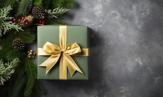 ai generiert Weihnachten und Neu Jahr Urlaub Hintergrund mit Grün Gold Geschenke, Gruß Karte, breit Banner, festlich foto