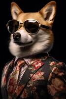 ai generiert Hund, Corgi gekleidet im ein elegant modern Blumen- Anzug. Mode Porträt von ein anthropomorph Tier, foto