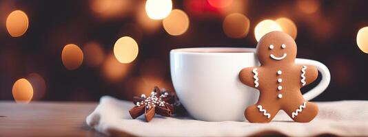 ai generiert Lebkuchen Mann Plätzchen im ein Tasse von heiß Schokolade oder Becher Kakao, Weihnachten Bokeh Beleuchtung, Weihnachten Essen, foto