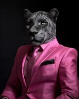 ai generiert Panther gekleidet im ein elegant modern Rosa passen mit ein nett binden. Mode Porträt von ein foto