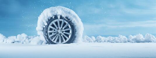 ai generiert Marke Neu Winter Auto Reifen präsentiert gegen ein schneebedeckt Blau Hintergrund, Winter Reifen bereit zum Winter foto