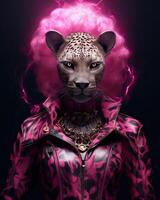 ai generiert weiblich Panther gekleidet im ein elegant modern Rosa passen mit ein nett binden. Mode Porträt von ein foto