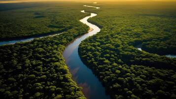 ai generiert tropisch Fluss fließen durch das Urwald Wald beim Sonnenuntergang oder Sonnenaufgang. Amazonas Fluss fließend im foto