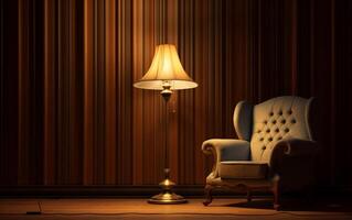 ai generiert ein Lampe und ein Stuhl im ein Zimmer mit ein Lampe auf das Mauer foto