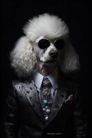 ai generiert Weiß Hund gekleidet im ein elegant modern s passen mit ein nett binden, tragen Sonnenbrille. Mode Porträt foto