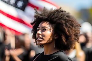 ai generiert ein jung entschlossen afrikanisch amerikanisch Aktivist Frau unter Menge, positiv, stolz und zuversichtlich, foto