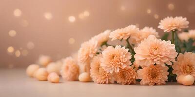 ai generiert Strauß von Chrysanthemen auf verschwommen Bokeh Hintergrund im modisch Pfirsich Flaum Farbe. elegant Hintergrund foto