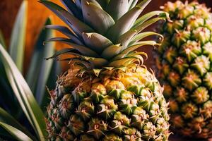 ai generiert reif Ananas. horizontal kulinarisch Hintergrund mit exotisch Früchte. kommerziell Werbung Essen Foto