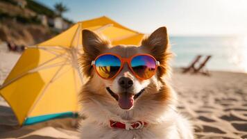 ai generiert süß Spitz Hund im Sonnenbrille ist Sitzung auf das Strand von Meer oder Ozean. Hund ist entspannend auf Urlaub. Konzept von Reise und Sommer- Urlaub. foto