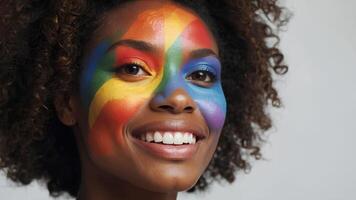 ai generiert Porträt von glücklich afrikanisch- amerikanisch Frau mit Regenbogen gemalt auf Gesicht. Lebensstil lgbtq Stolz Konzept foto