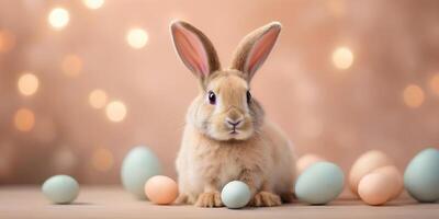 ai generiert Ostern Hase auf verschwommen Hintergrund im modisch Pfirsich Flaum Farbe. elegant Hintergrund zum Urlaub Banner, Poster, Karten. glücklich Ostern Konzept foto